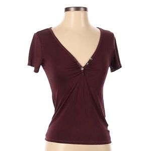 American Eagle Soft & Sexy Burgundy Short Sleeve V-Neck Button Top